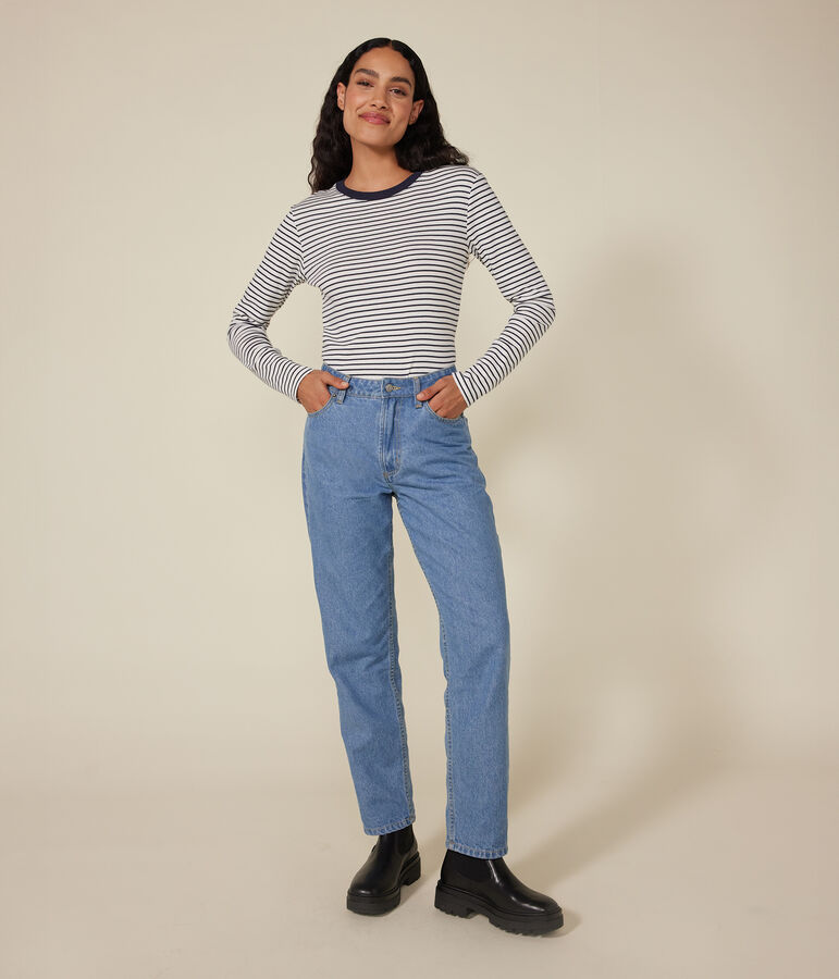 Tee-shirt l'Iconique manches longues en coton ray&eacute; femme blanc/bleu