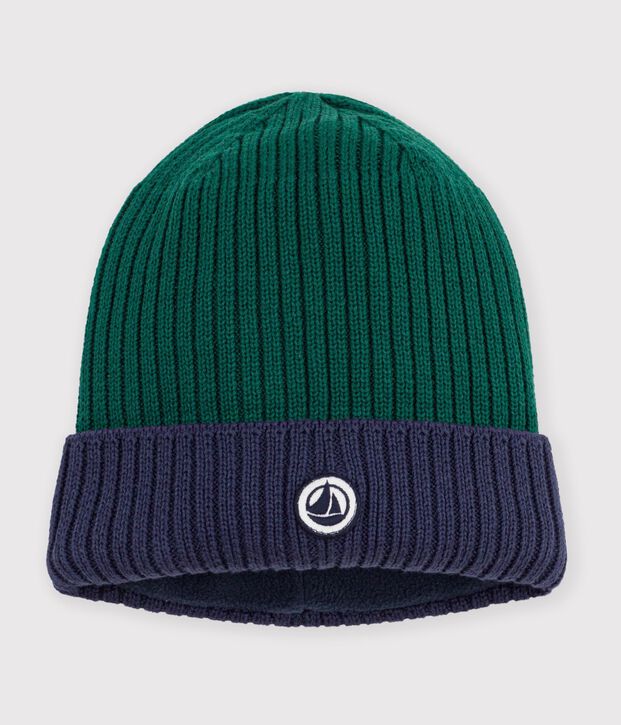 Tweekleurige gebreide kindermuts met fleecevoering groen/blauw