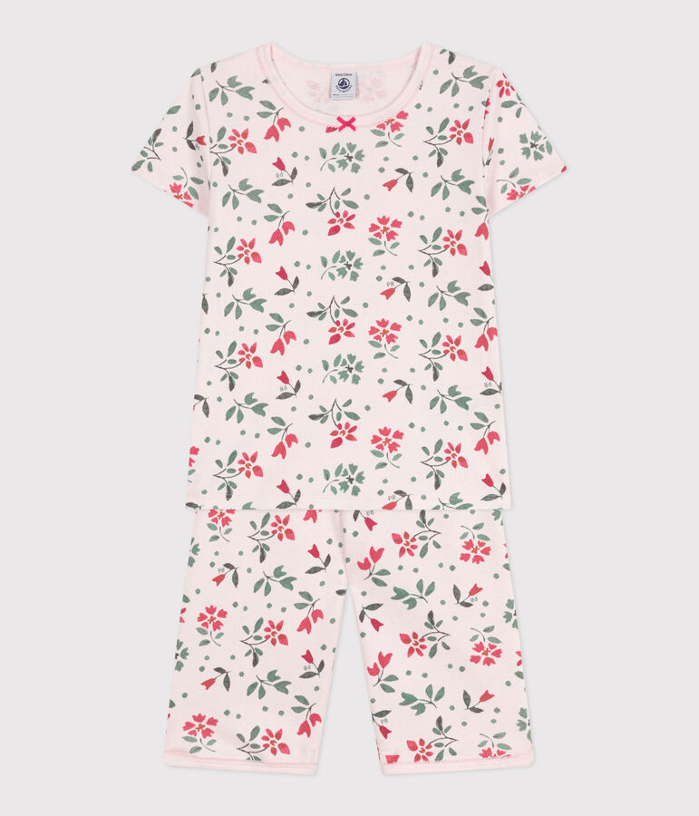 Pyjama capri enfant en coton imprim&eacute; fleuri rose FLEUR/blanc MULTICO
