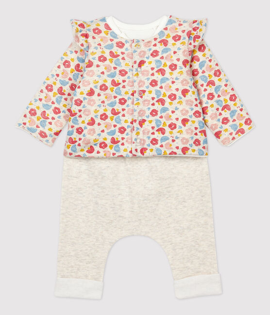 Ensemble 3 pièces imprimé fleurs bébé fille en laine et coton biologique beige MONTELIMAR/blanc MULTICO