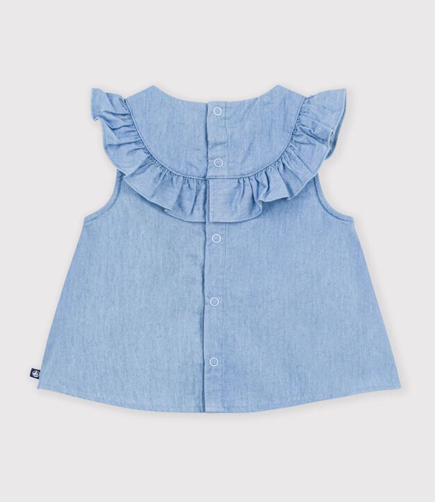 Katoenen babybloesje zonder mouwen in geborduurde chambray blauw