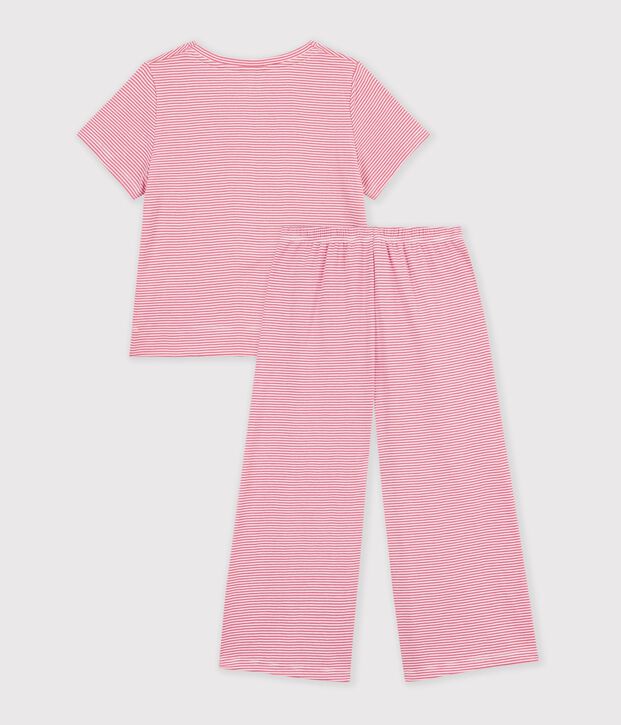Pyjama enfant en coton jambes larges &agrave; rayures rose/blanc