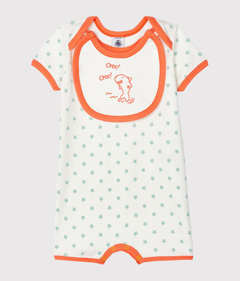 Kort babypakje van gebreide stof voor jongetjes wit MARSHMALLOW/groen VERGLAS