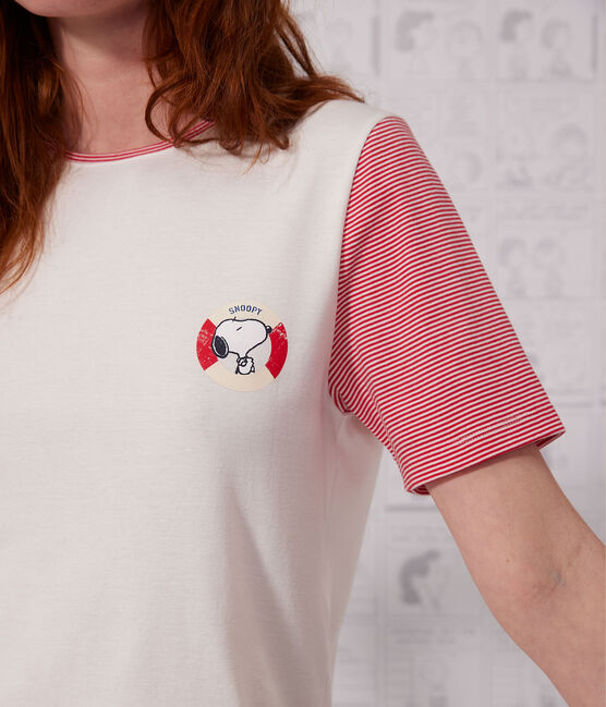 Korte katoenen damespyjama Petit Bateau X Snoopy wit MARSHMALLOW/wit MULTICO