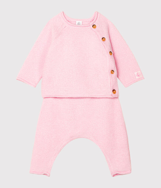 Ensemble deux pièces bébé en coton, laine mérinos et polyester rose FLEUR