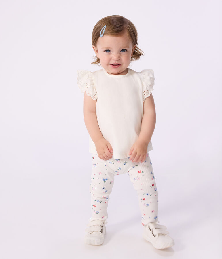 Legging b&eacute;b&eacute; en coton, imprim&eacute; fleurs blanc MARSHMALLOW/blanc MULTICO