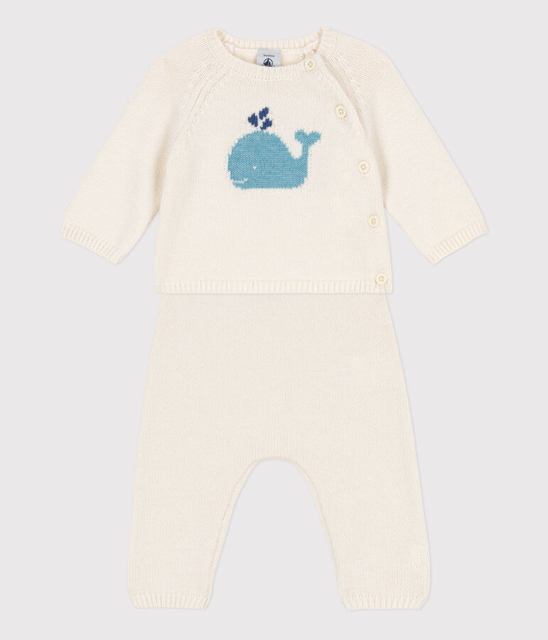 Ensemble en tricot laine et coton b&eacute;b&eacute; blanc