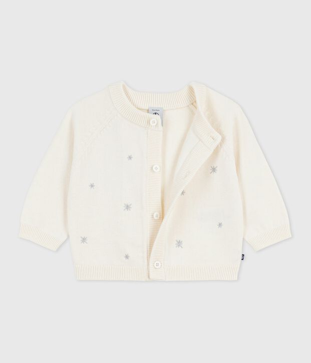 Cardigan b&eacute;b&eacute; en tricot laine et coton brod&eacute; d'&eacute;toiles blanc/gris