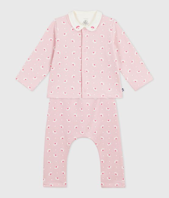 Ensemble 3 pièces bébé imprimé cœurs et fleurs et body brodé rose JOLI/blanc MULTICO