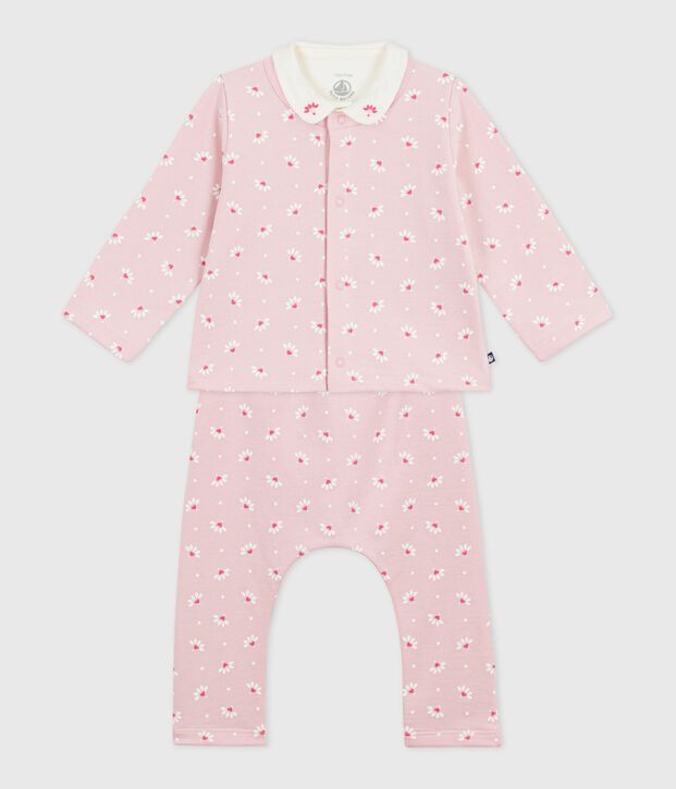 Driedelig babysetje met bloemetjesprint en body met borduursel roze/multicouleur