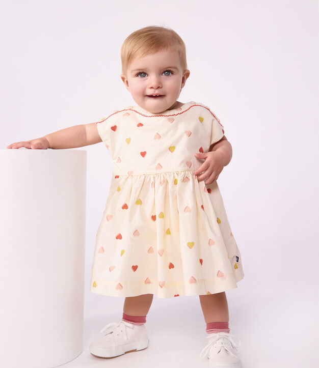 Robe b&eacute;b&eacute; en coton manches courtes imprim&eacute;e c&oelig;urs &eacute;cru/multicouleur