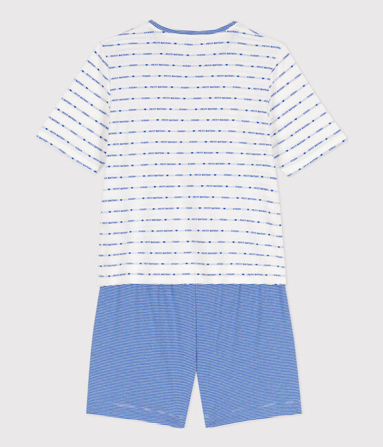 Korte pyjama in katoen voor dames  wit MARSHMALLOW/blauw PERSE