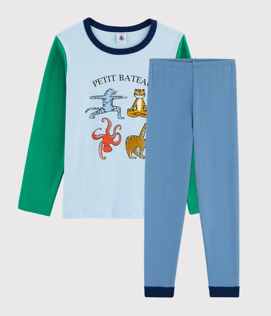 Jongenspyjama van ribtricot met dieren en yoga blauw ALASKA/wit MULTICO
