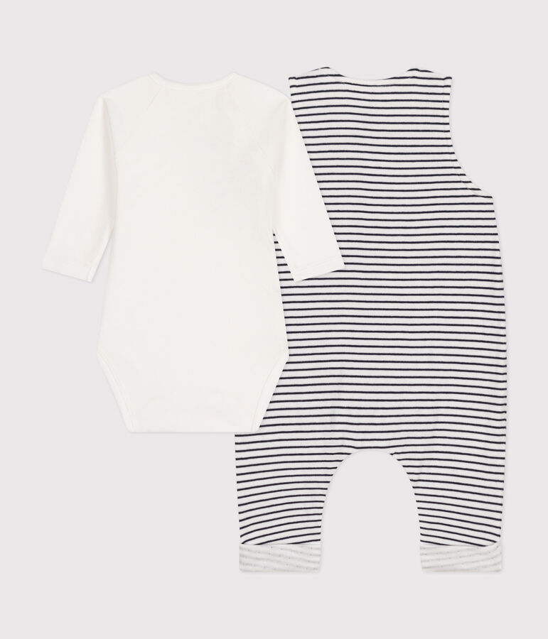 Ensemble combinaison et body en coton b&eacute;b&eacute; blanc/bleu