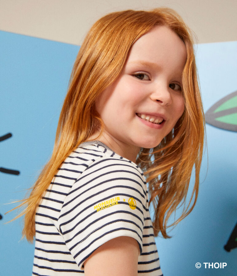 Katoenen meisjesjurk met Monsieur Madame-motiefje wit/blauw