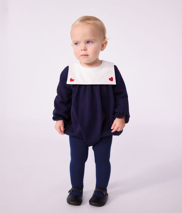 Combinaison courte b&eacute;b&eacute; en coton uni &agrave; col bleu marine