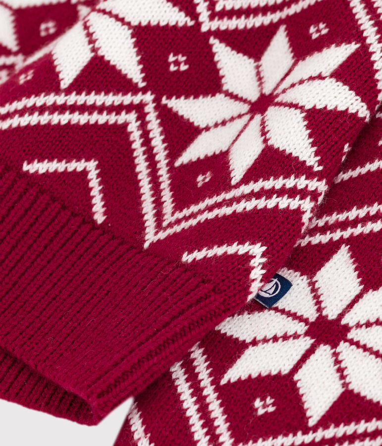 Kindertrui in wol en katoen met motief rood/ecru