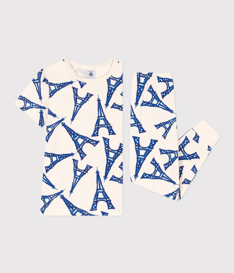 Pyjama manches courtes en coton enfant &eacute;cru/multicouleur