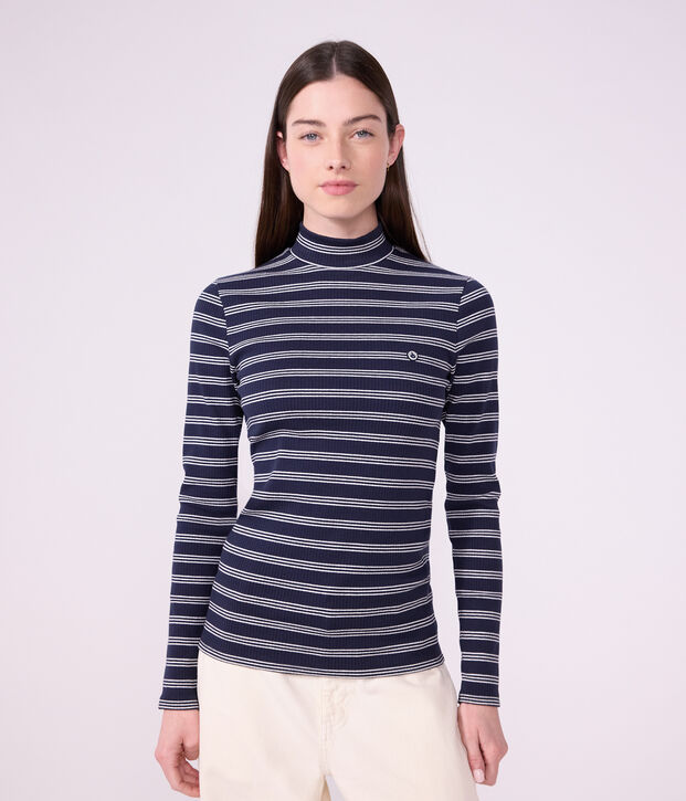 Sous-pull femme en coton &agrave; rayures bleu/blanc