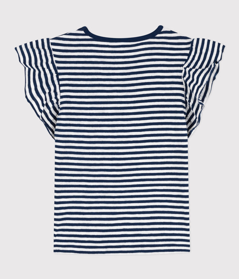 Tee-shirt ray&eacute; en coton enfant fille bleu/blanc