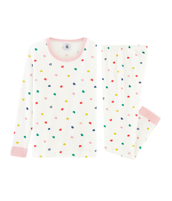 Pyjama petite fille coupe très ajustée en côte blanc MARSHMALLOW/blanc MULTICO