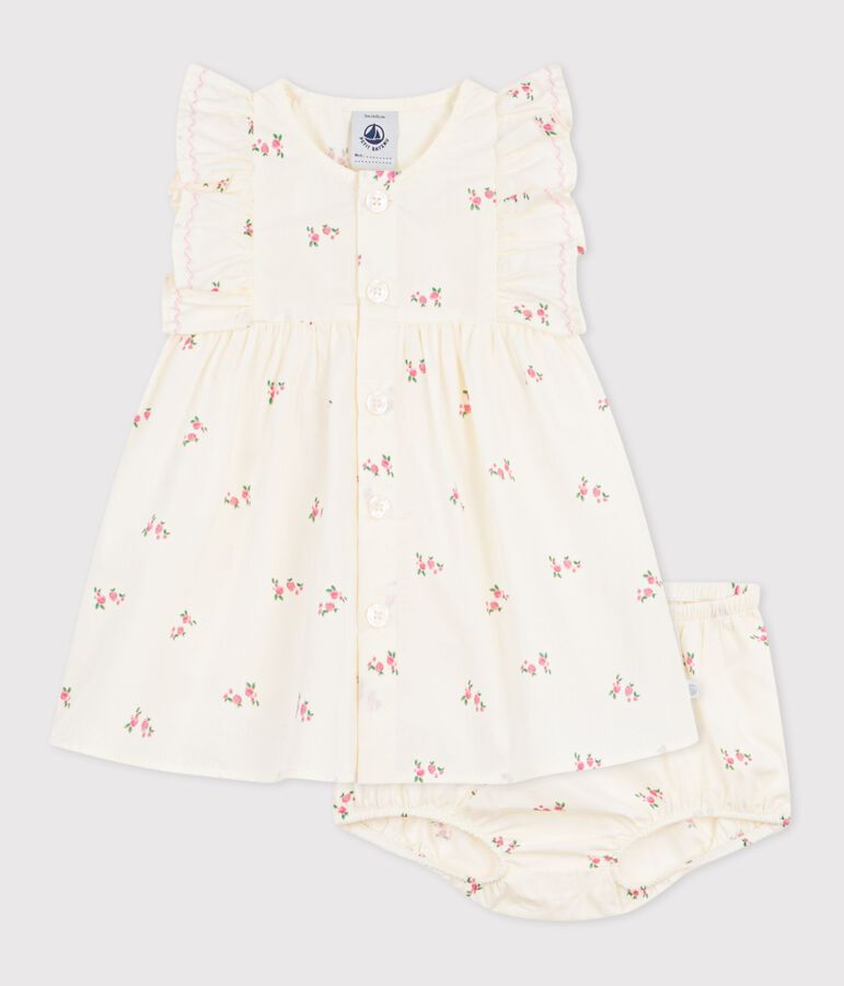 Robe b&eacute;b&eacute; en coton avec son bloomer, imprim&eacute;s fleurs &eacute;cru/multicouleur