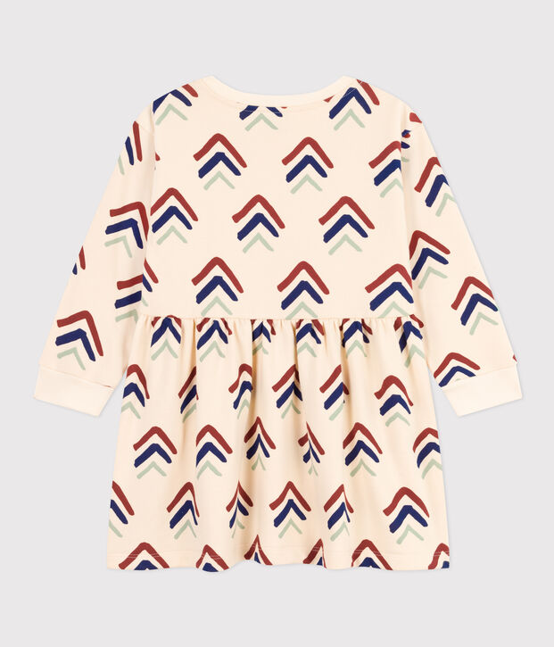 Meisjesjurk met lange mouwen in fleece met print ecru/blauw/multicouleur