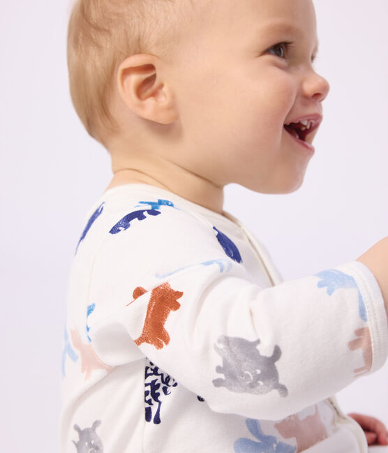 Babypyjama van geruwde fleece met hondjesprint wit MARSHMALLOW/wit MULTICO