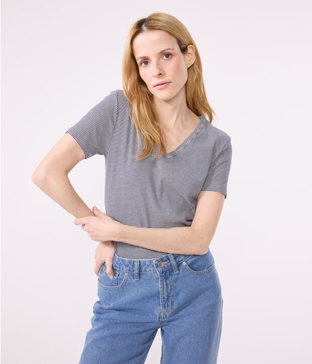 L'Iconique, gestreept katoenen T-shirt met V-hals voor dames blauw/wit