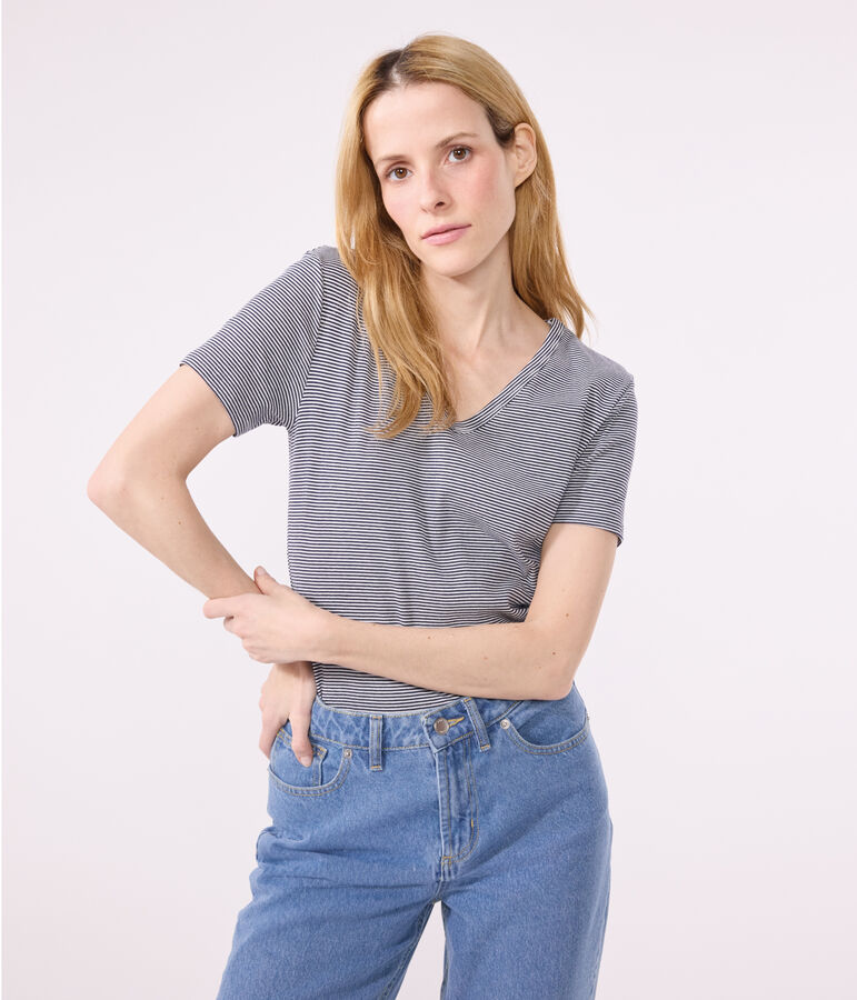 Tee-shirt l'Iconique col V en coton ray&eacute; femme bleu/blanc