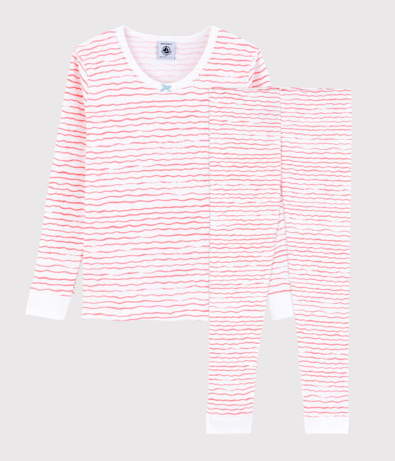 Roze snugfit pyjama met golvenprint van katoen, voor kleine meisjes wit MARSHMALLOW/roze GRETEL
