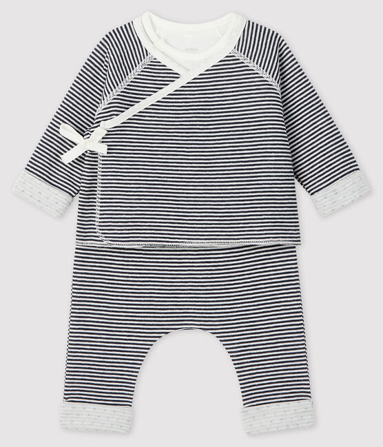 Driedelige dubbelgeweven babyset blauw SMOKING/wit MARSHMALLOW