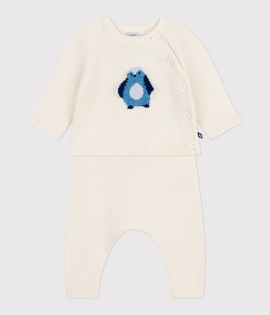 Tweedelig gebreid babysetje met pinguïnprint wit MARSHMALLOW/wit MULTICO