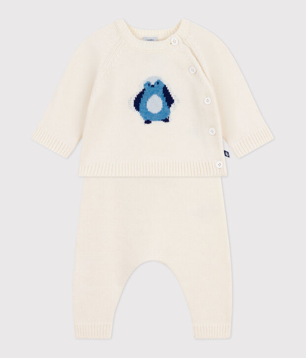 Tweedelig gebreid babysetje met pingu&iuml;nprint wit/multicouleur