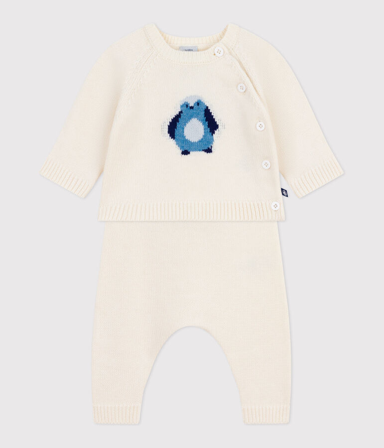 Tweedelig gebreid babysetje met pingu&iuml;nprint wit/multicouleur