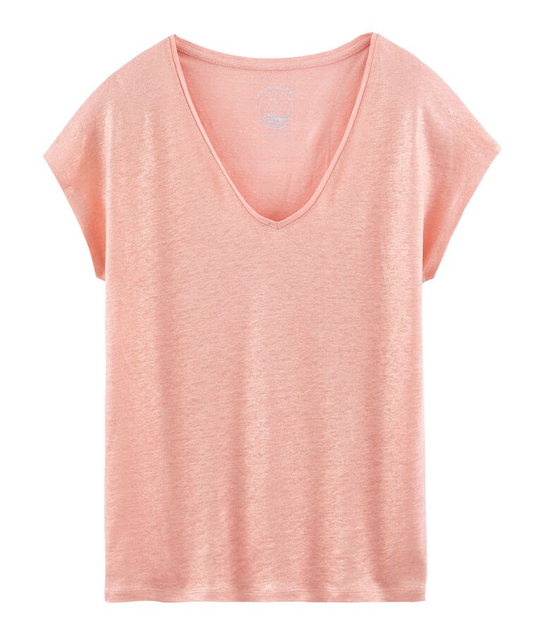 Tee-shirt manches courtes uni femme en lin iris&eacute; rose/rose