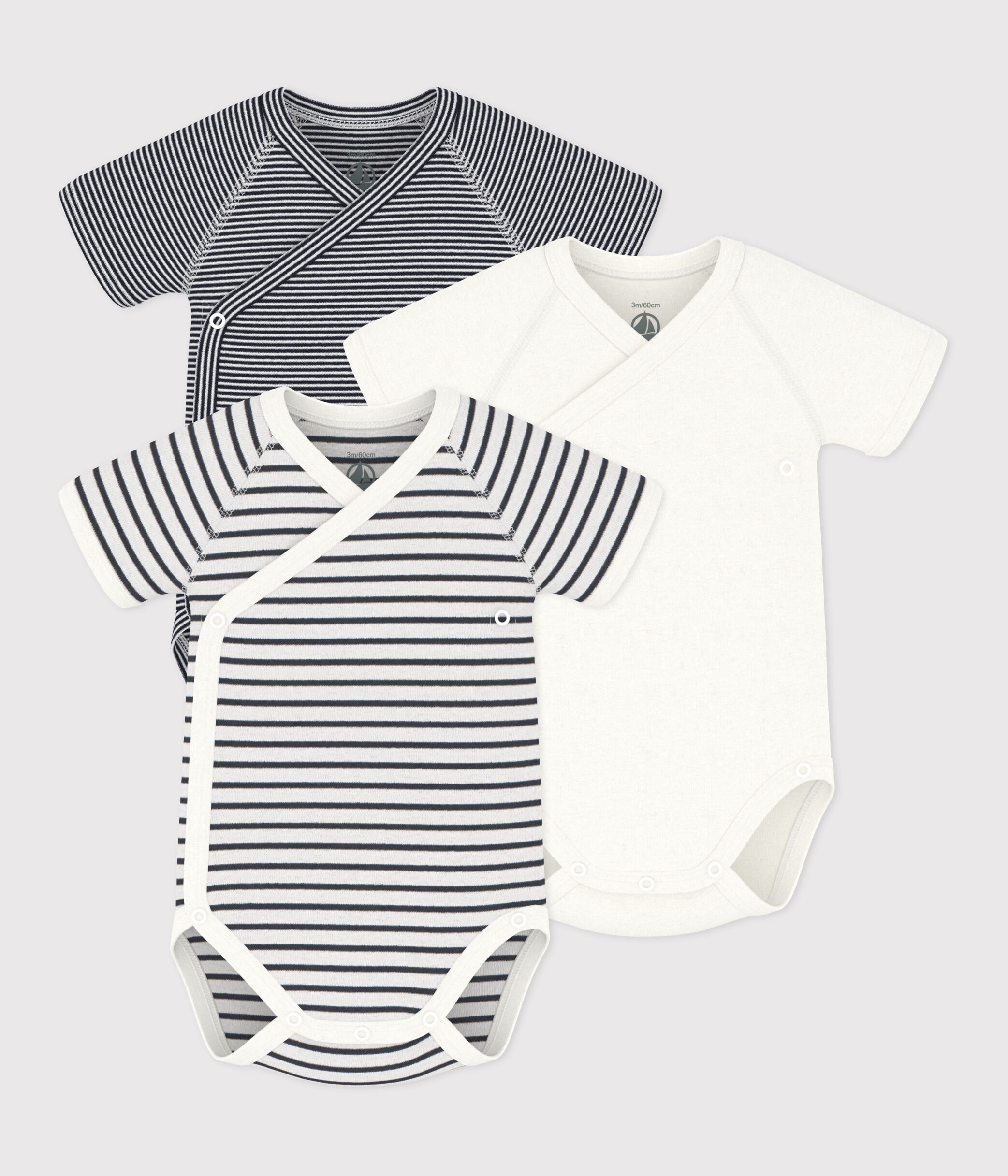 LOT DE 3 BODIES CROISES MANCHES COURTES RAYURES BEBE EN COTON variante 1 Petit Bateau