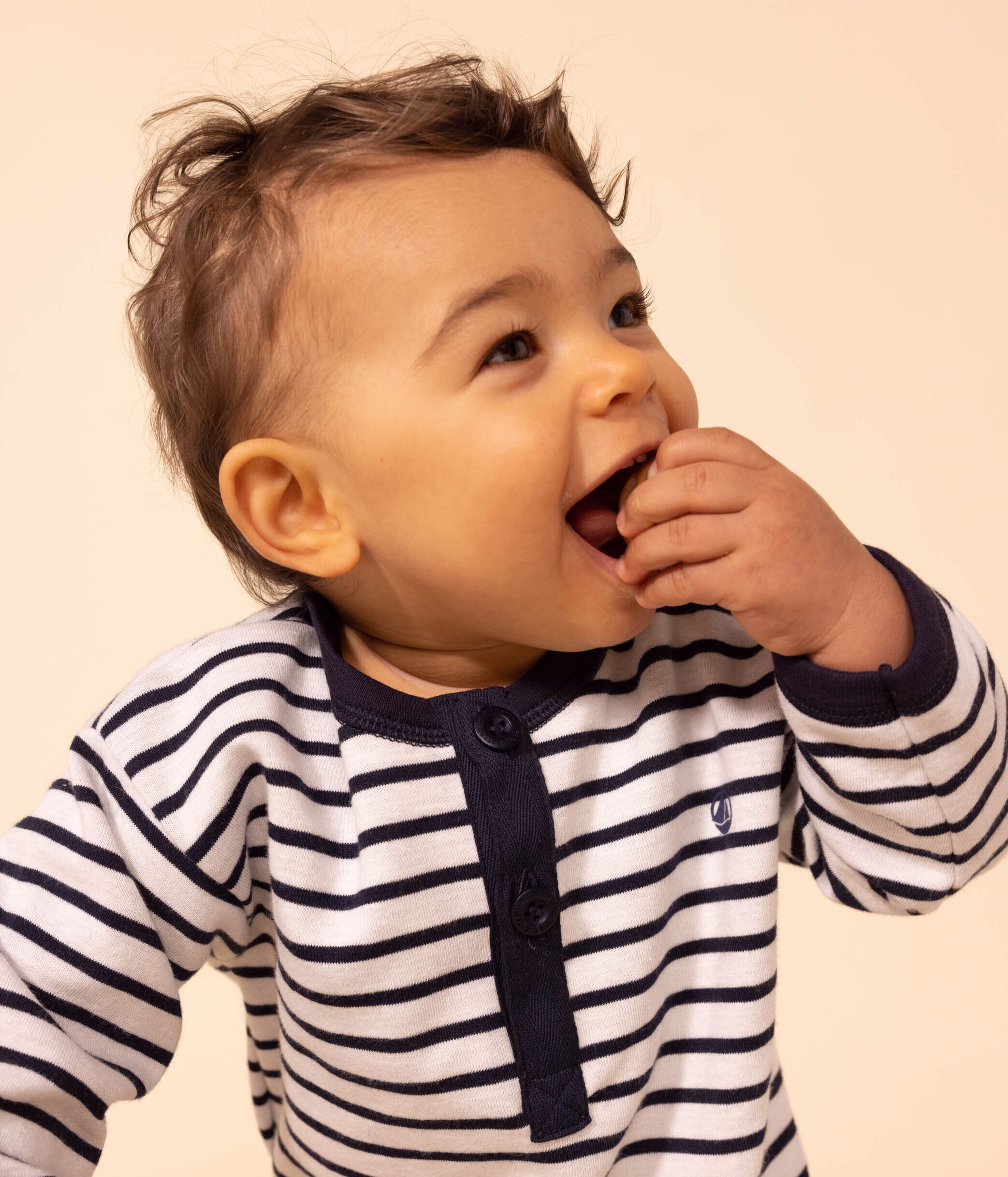 Combinaison longue rayee mariniere en jersey epais bebe MARSHMALLOW SMOKING Petit Bateau