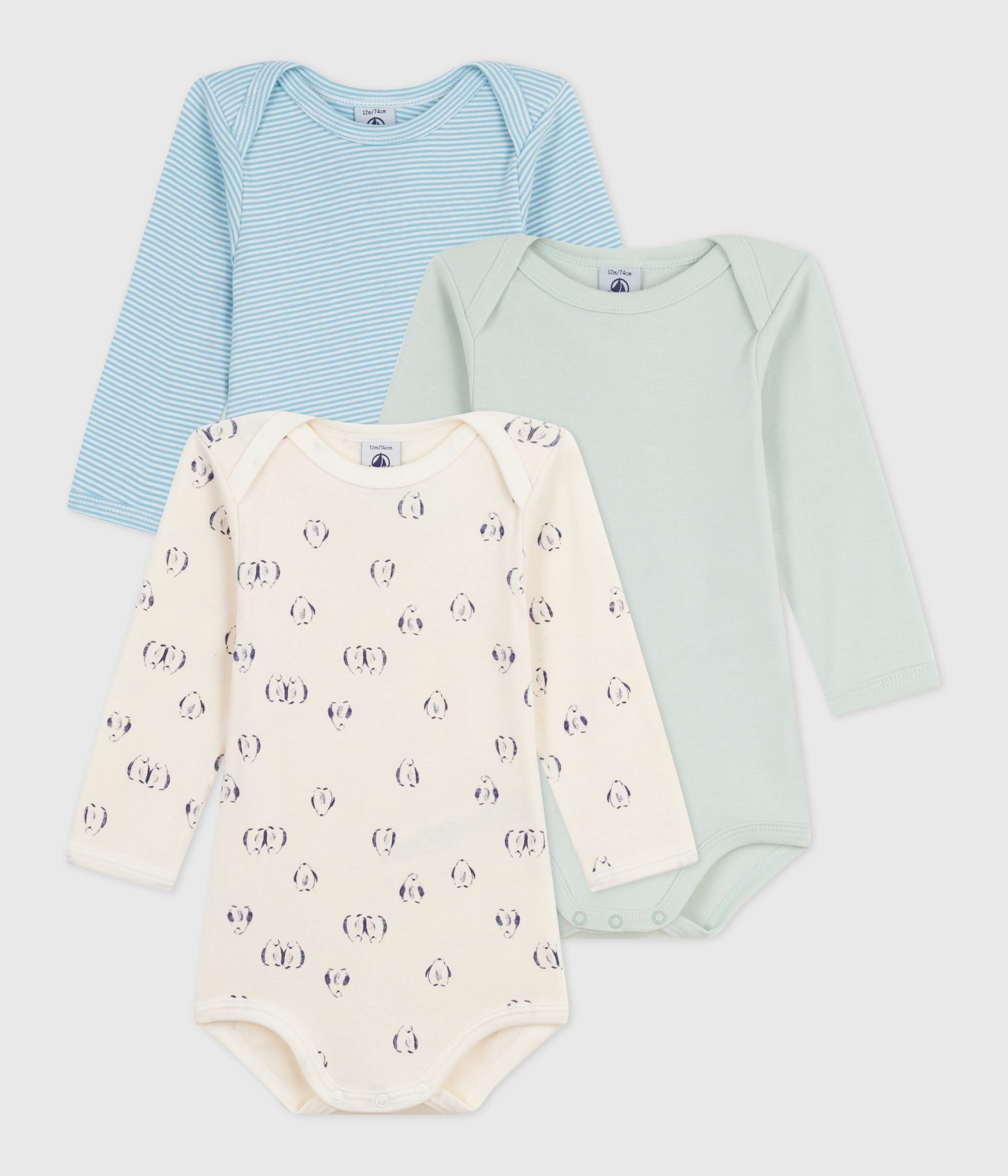 Petit Bateau Lot 3 Bodies Bébé Manches Longues Coton Imprimé Pingouins | Côté Ouverture Facile & Confort Absolu